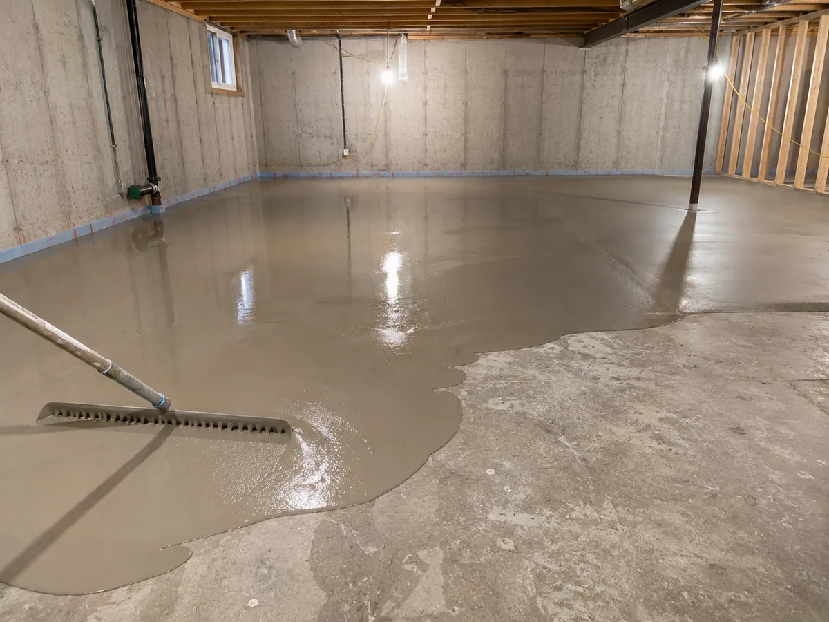 Self-levelling compound poured over a concrete basement slab