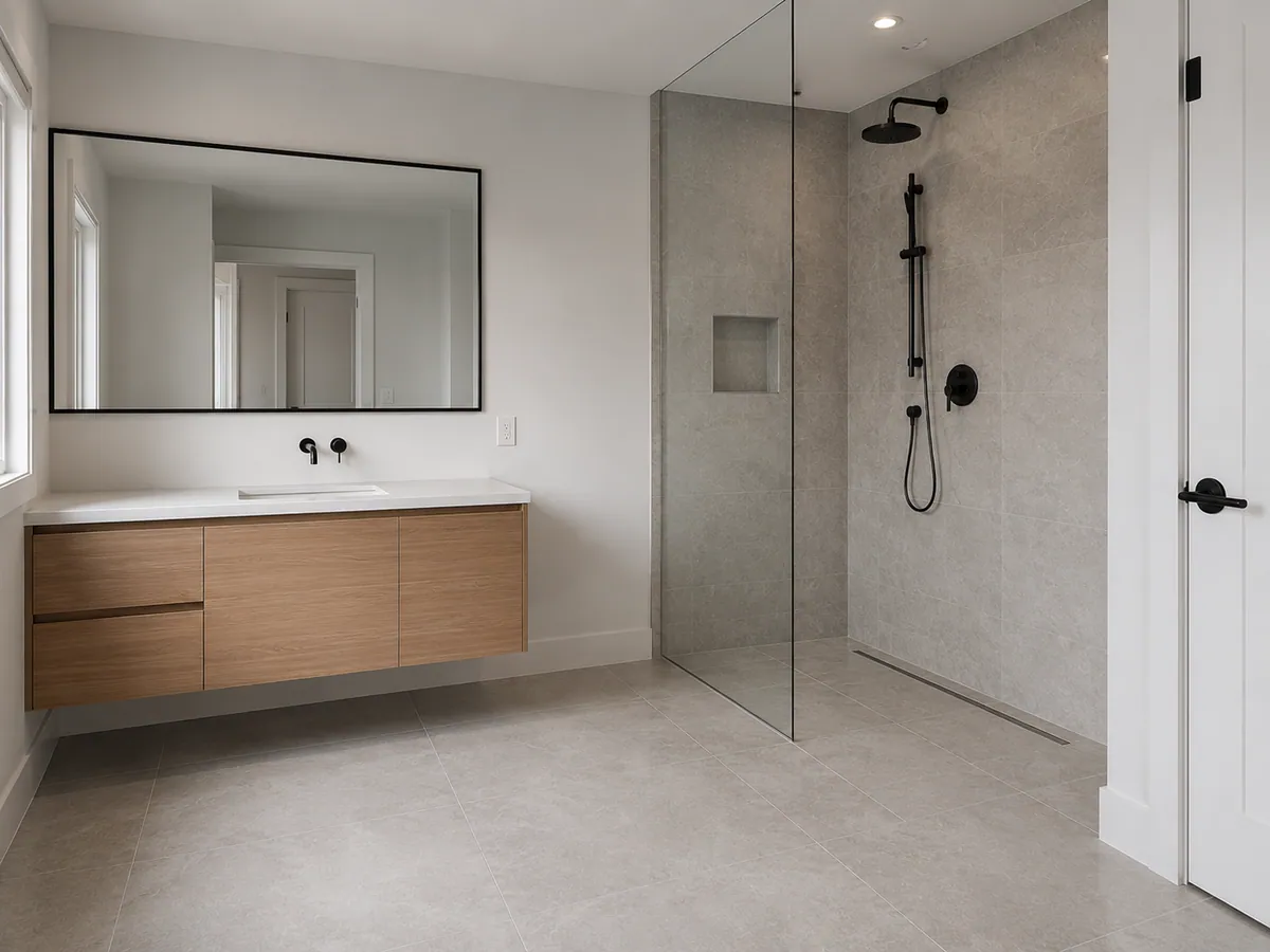 Modern GTA bathroom with large-format porcelain walls, floating vanity and linear drain