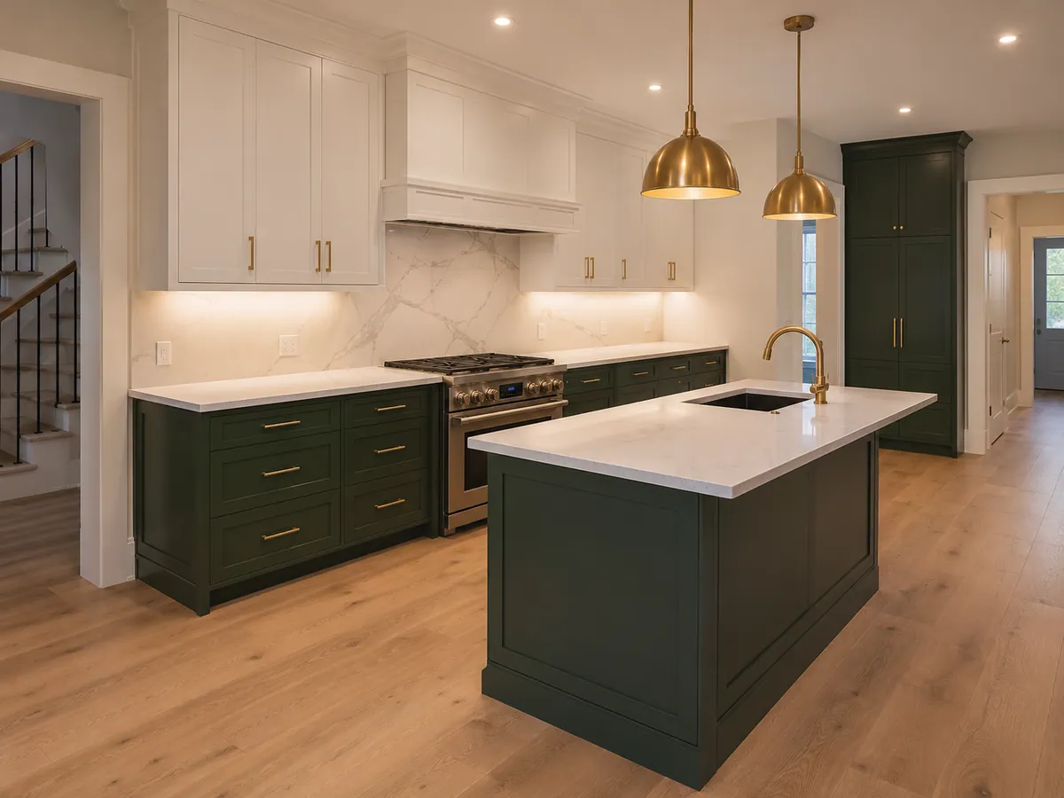 Renovated kitchen with quartz counters, tile backsplash and hardwood floor