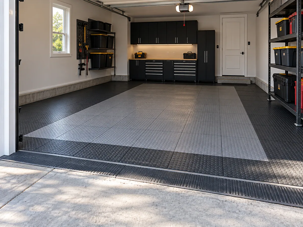 Interlocking modular plastic tiles installed in a residential garage in the GTA