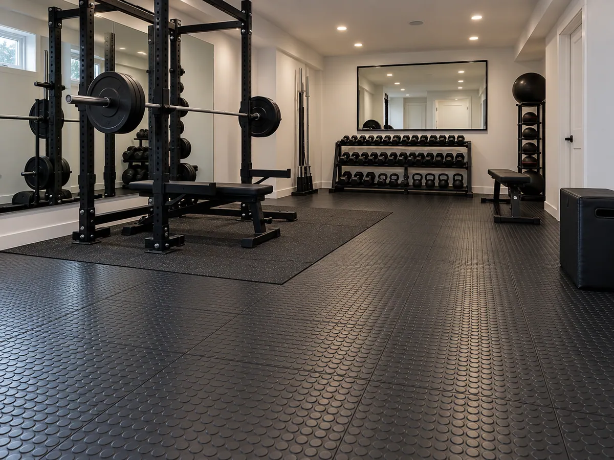 Home gym with heavy-duty modular floor tiles