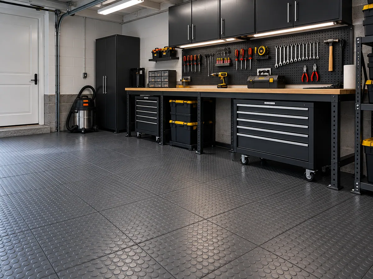 Workshop floor in heavy-duty interlocking plastic tiles