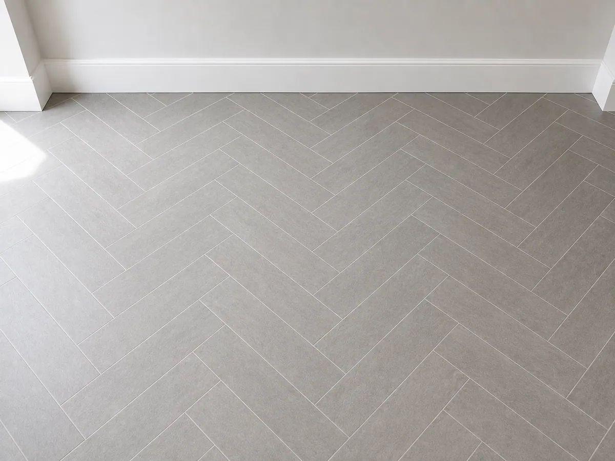 Herringbone pattern porcelain floor tile in an entryway